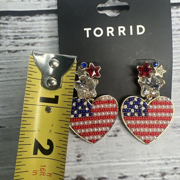 Torrid Earrings Heart Red White Blue Patriotic Fourth Of July Rhinestone America - Picture 7 of 7